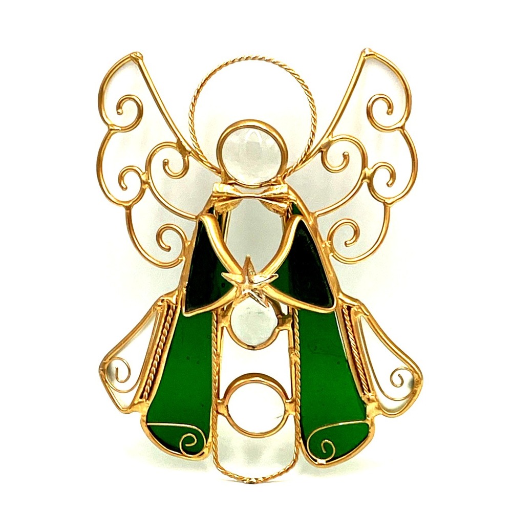 Stained Glass Angel Suncatcher Green Gold 6" H Christmas Holiday Seasonal